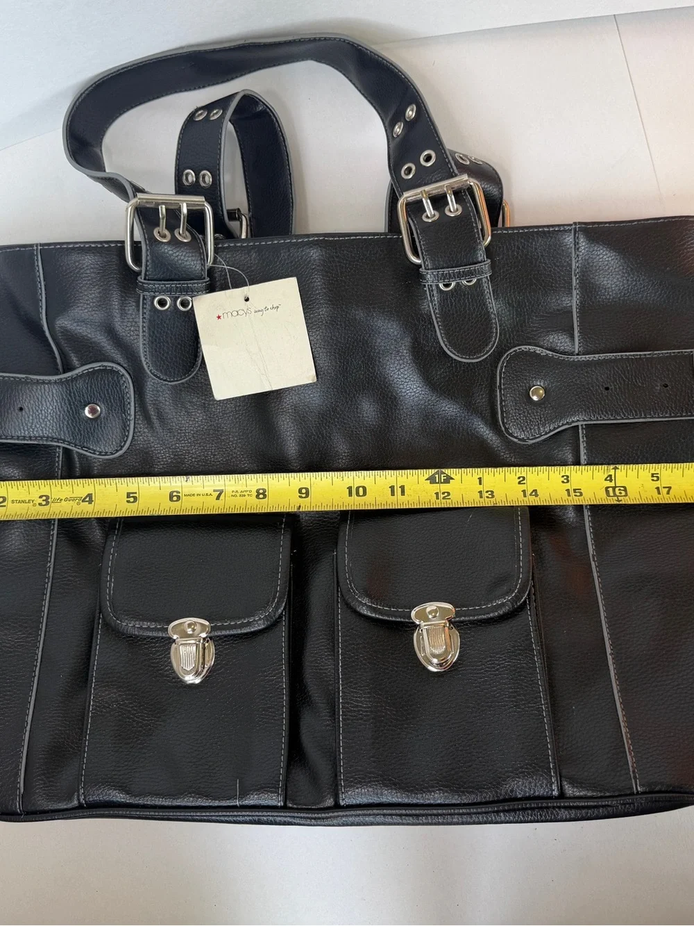 NWT Macy's Black Large Faux Leather Motorcycle Tote Bag Y2K Pockets Shoulder Bag